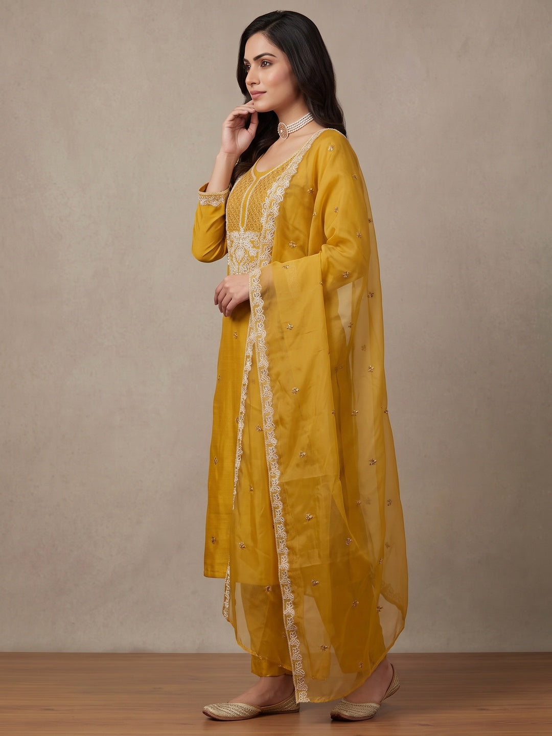 Peachmode Mustard Floral Embroidered Roman Silk Dress Material - Image 5