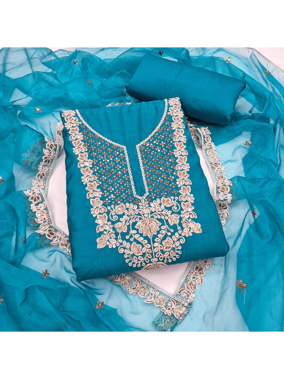 Peachmode Teal Floral Embroidered Roman Silk Dress Material - Image 1