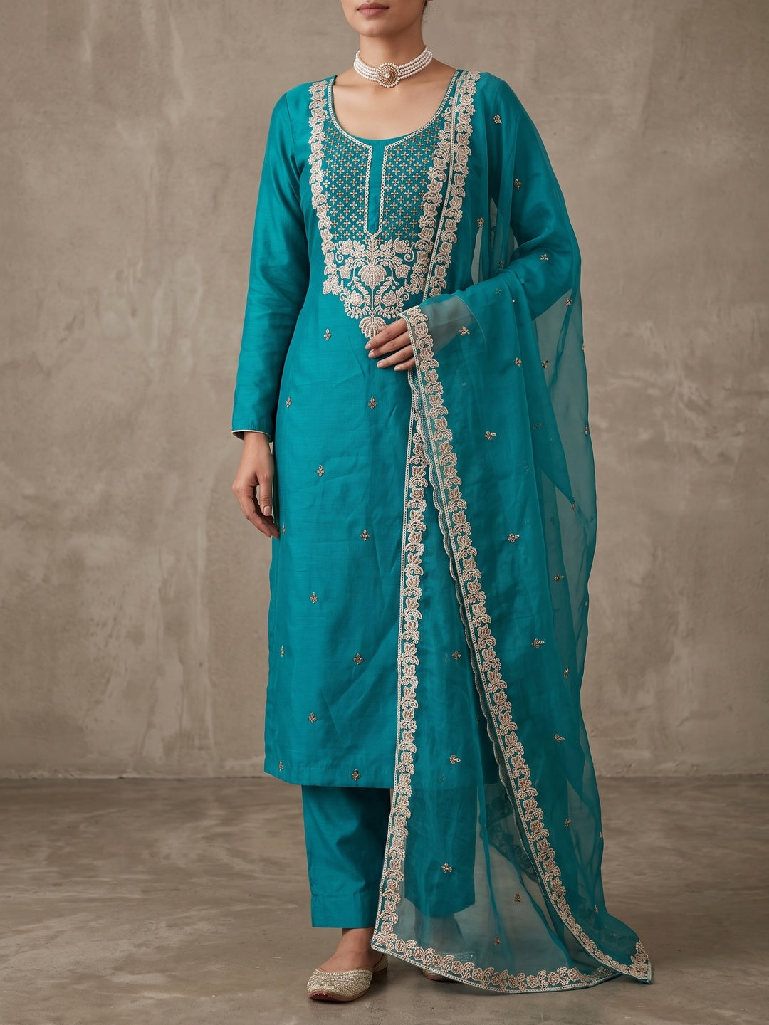 Peachmode Teal Floral Embroidered Roman Silk Dress Material - Image 2