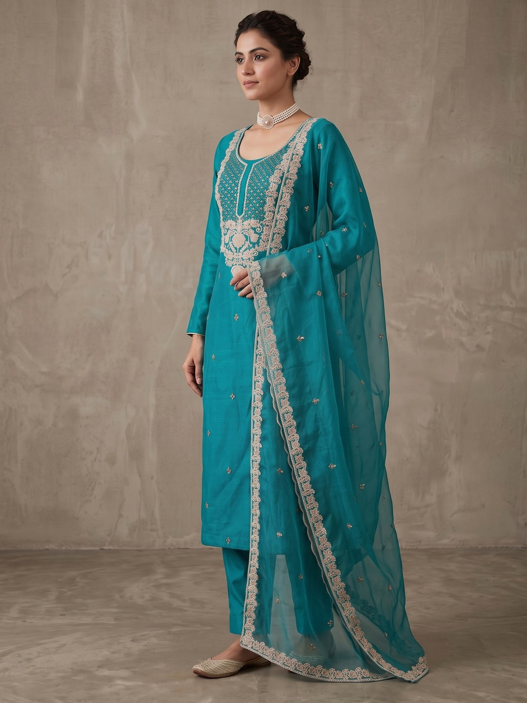 Peachmode Teal Floral Embroidered Roman Silk Dress Material - Image 5