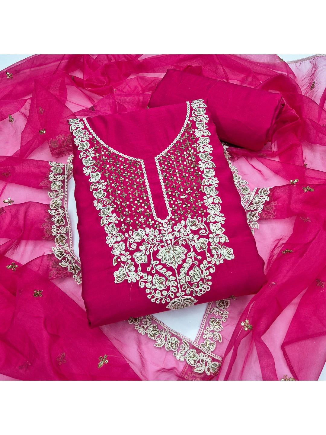 Peachmode Pink Floral Embroidered Roman Silk Dress Material - Image 1