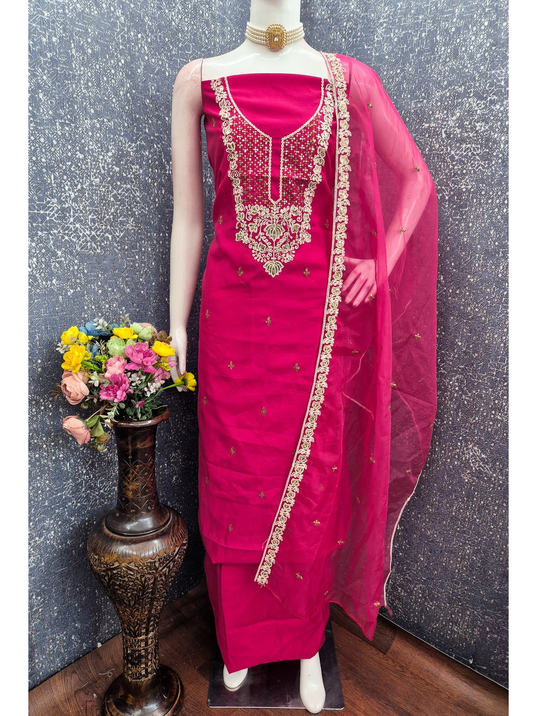Peachmode Pink Floral Embroidered Roman Silk Dress Material - Image 3