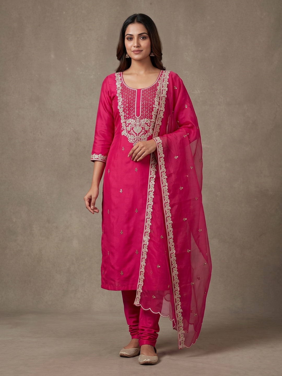 Peachmode Pink Floral Embroidered Roman Silk Dress Material - Image 2