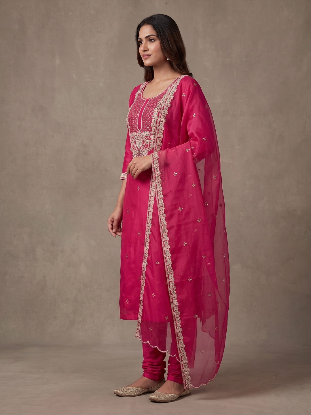 Peachmode Pink Floral Embroidered Roman Silk Dress Material - Image 5