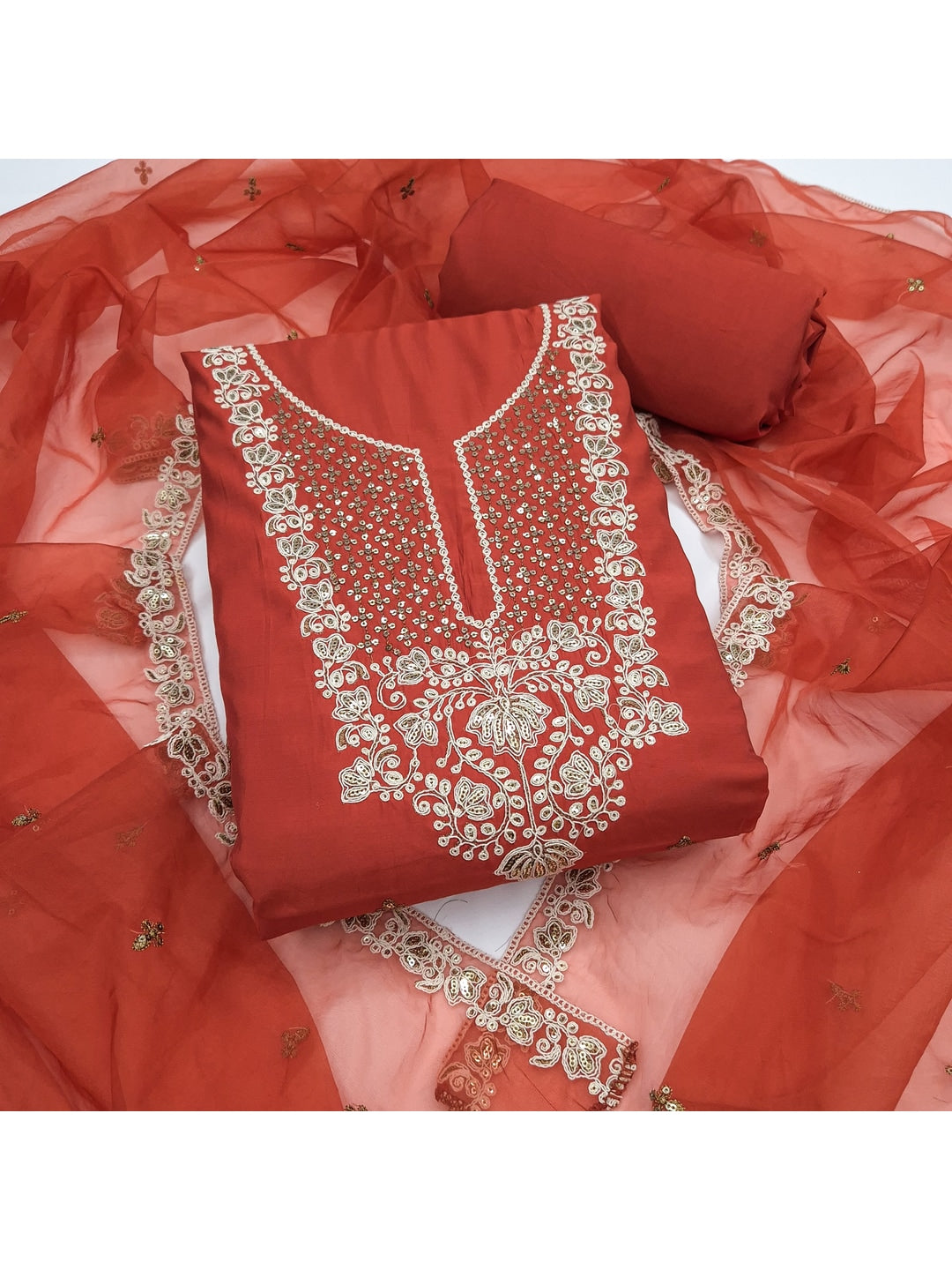 Peachmode Rust Floral Embroidered Roman Silk Dress Material - Image 1