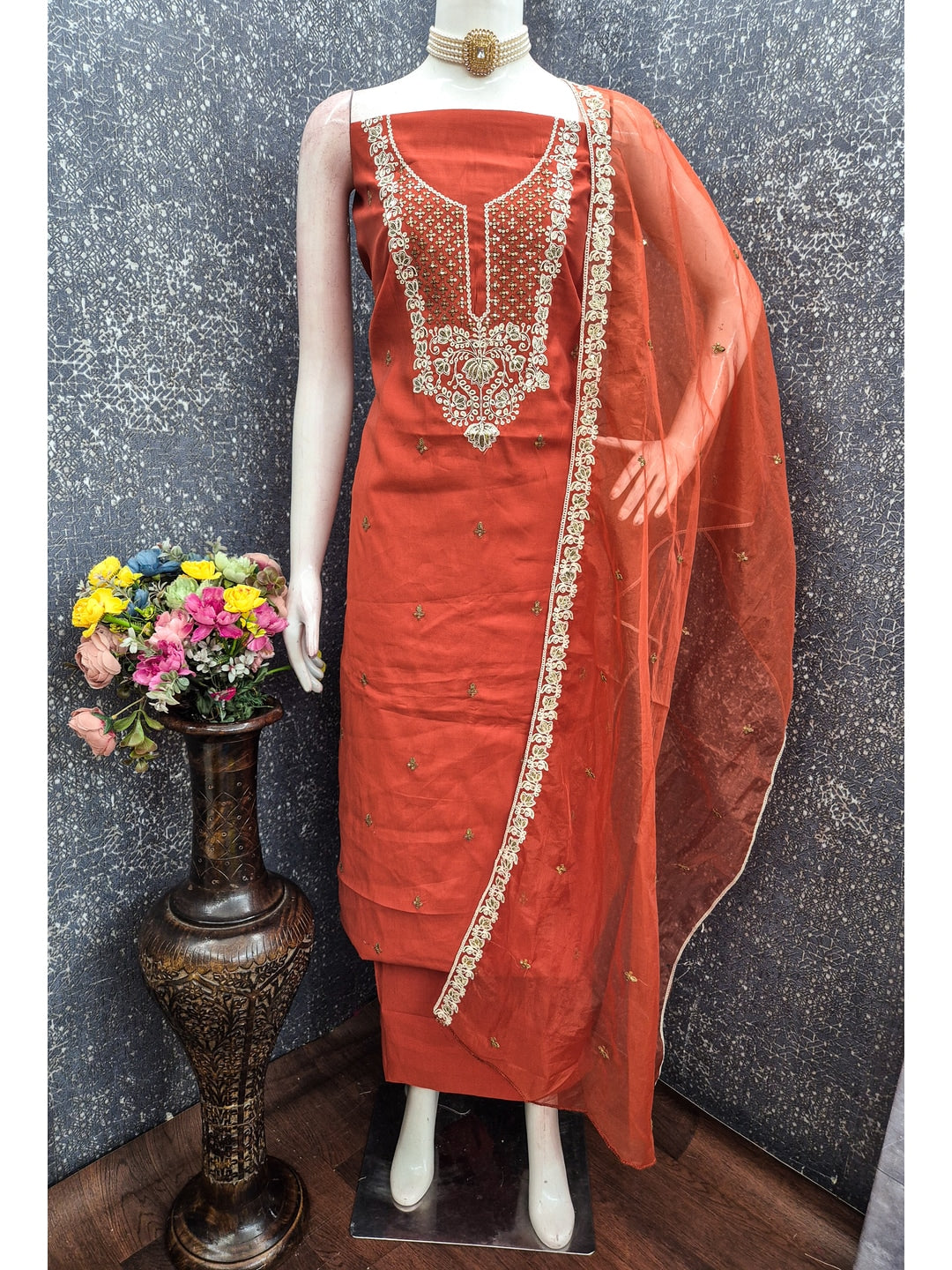 Peachmode Rust Floral Embroidered Roman Silk Dress Material - Image 3