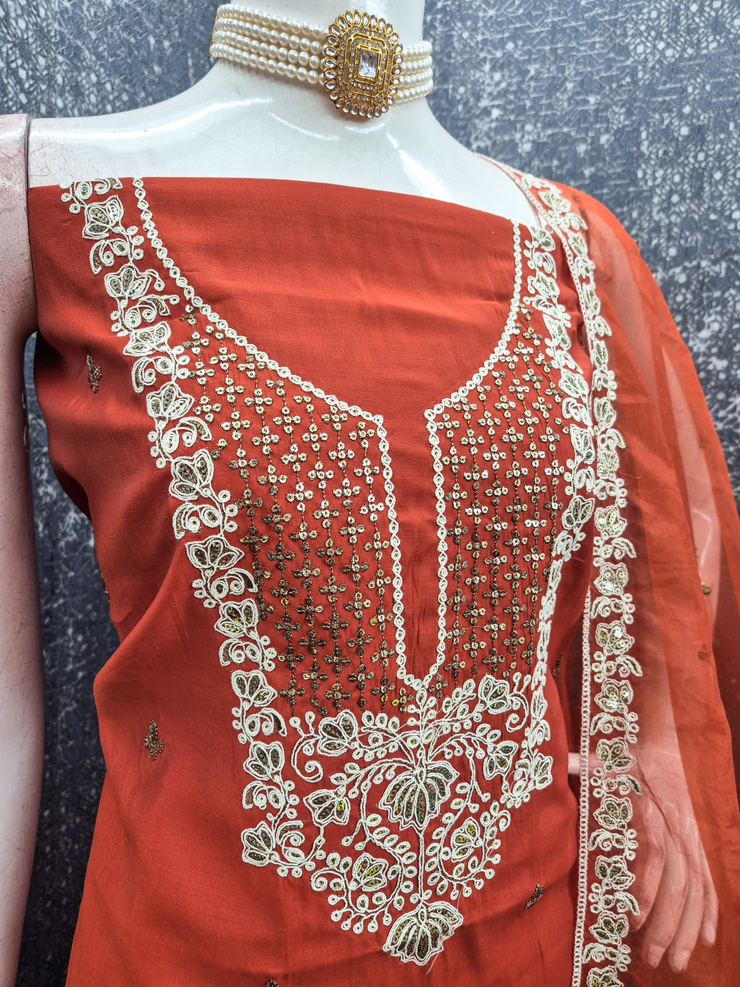 Peachmode Rust Floral Embroidered Roman Silk Dress Material - Image 4