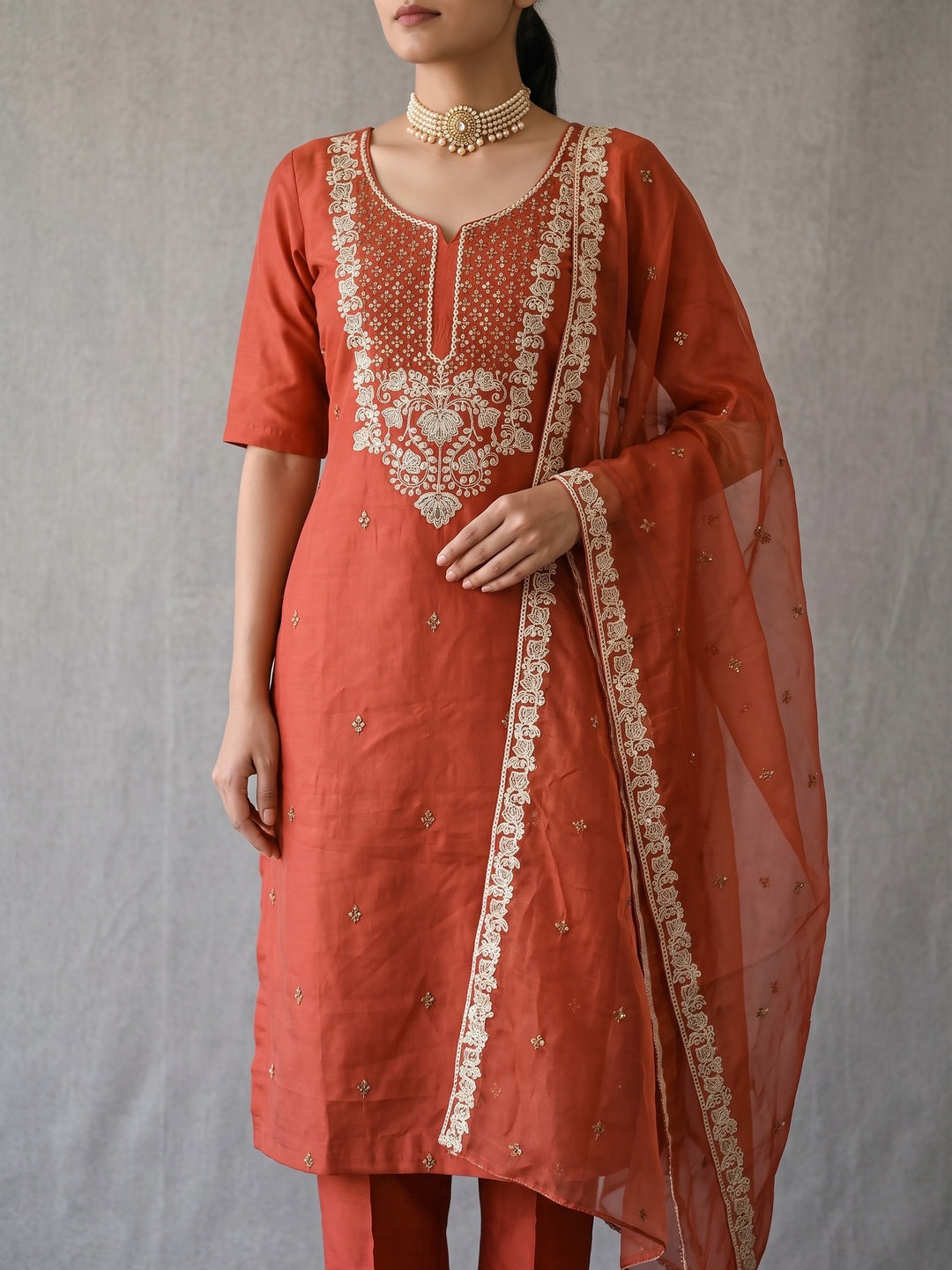 Peachmode Rust Floral Embroidered Roman Silk Dress Material - Image 2