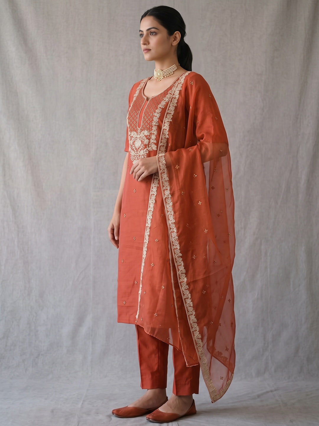 Peachmode Rust Floral Embroidered Roman Silk Dress Material - Image 5