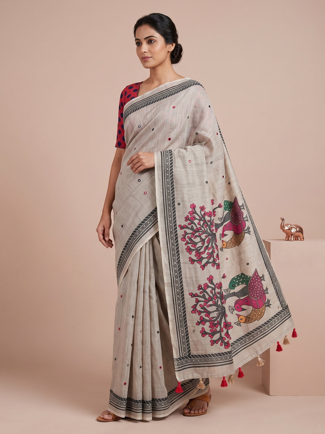 Peachmode Grey Aari Mirror Work Linen Cotton Saree - Image 1