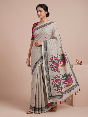 Peachmode Grey Aari Mirror Work Linen Cotton Saree - Image 1