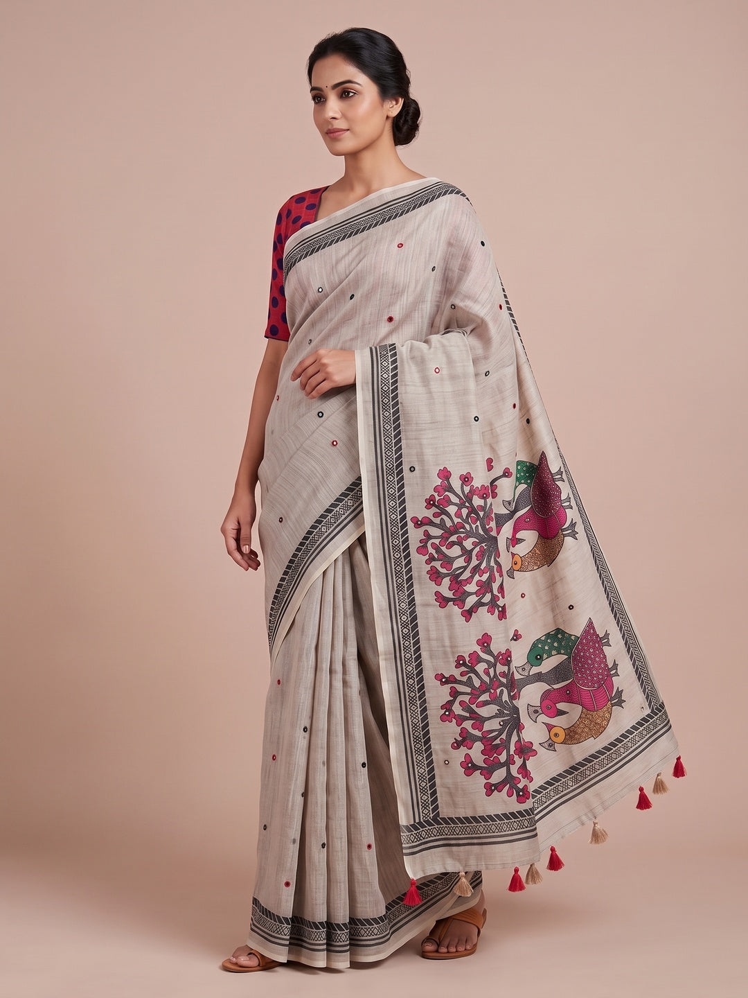 Peachmode Grey Aari Mirror Work Linen Cotton Saree - Image 4