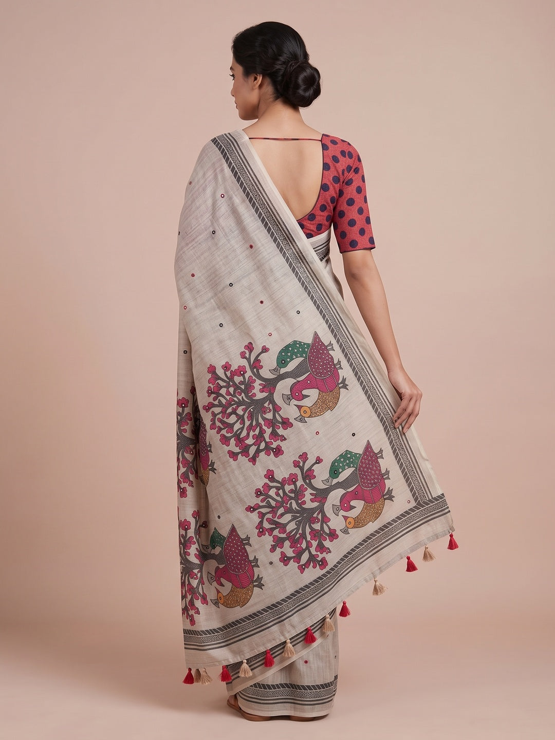 Peachmode Grey Aari Mirror Work Linen Cotton Saree - Image 5