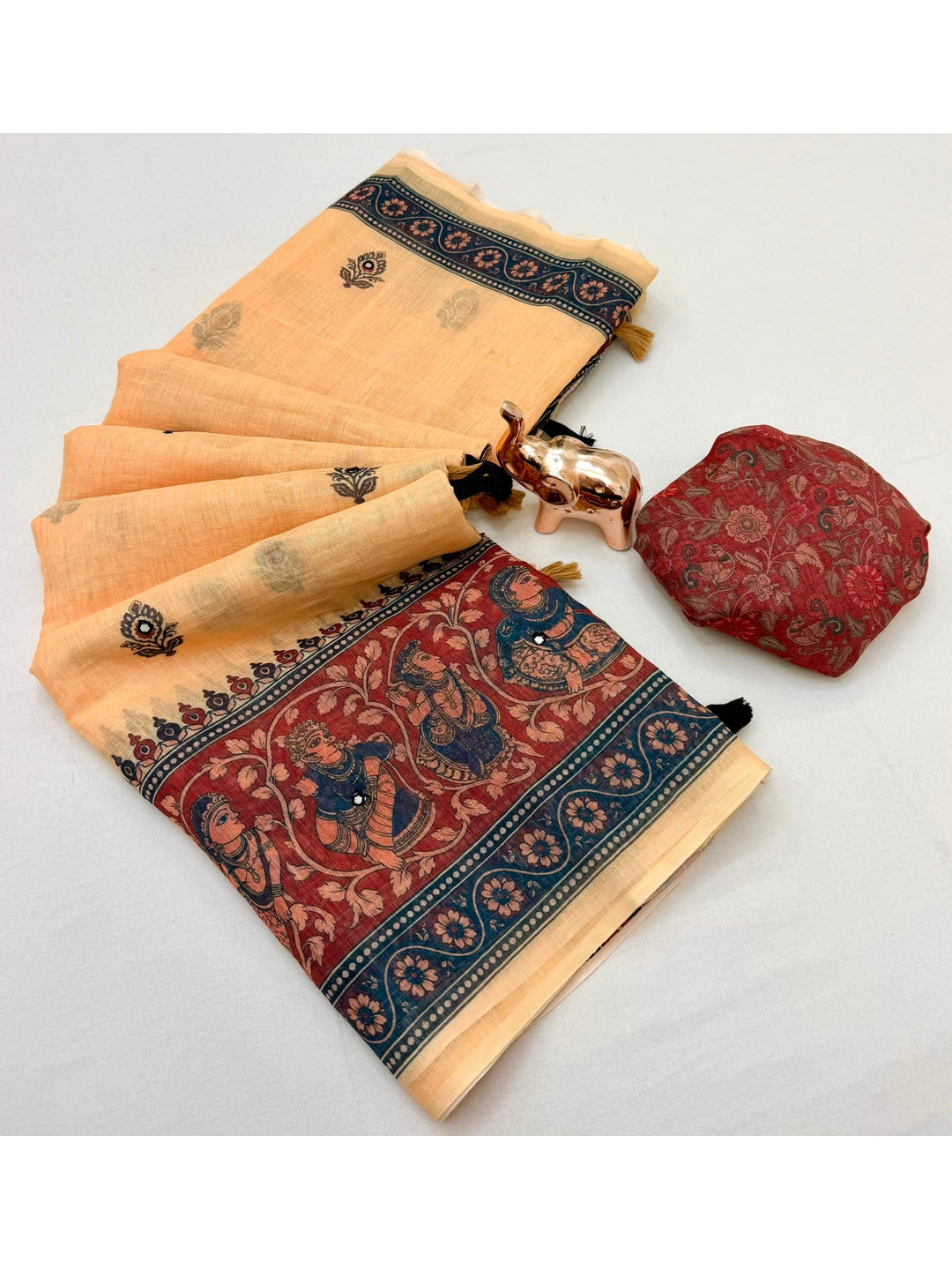 Peachmode Beige Blue Aari Mirror Work Linen Cotton Saree - Image 2