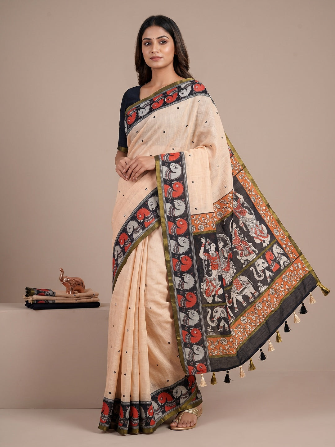 Peachmode Beige Aari Mirror Work Linen Cotton Saree - Image 1