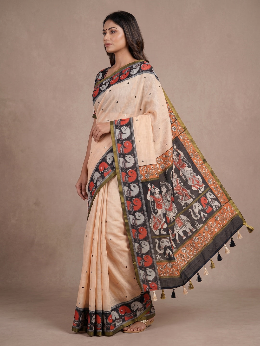 Peachmode Beige Aari Mirror Work Linen Cotton Saree - Image 4