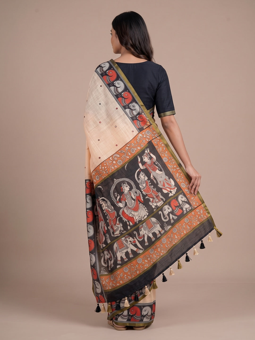 Peachmode Beige Aari Mirror Work Linen Cotton Saree - Image 5