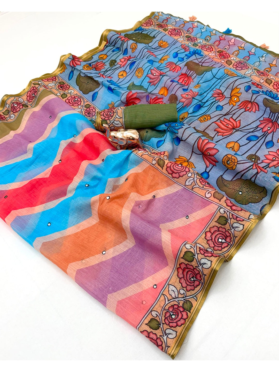Peachmode Multicolor Aari Mirror Work Linen Cotton Saree - Image 2