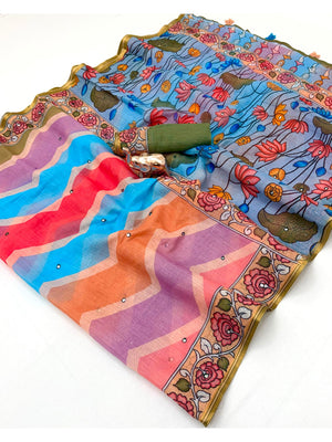 Peachmode Multicolor Aari Mirror Work Linen Cotton Saree - Image 2