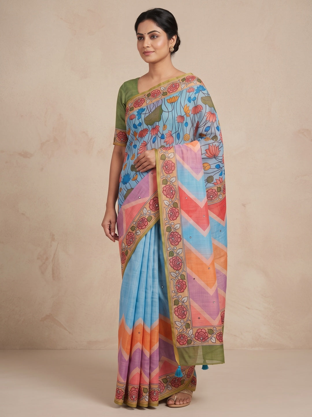 Peachmode Multicolor Aari Mirror Work Linen Cotton Saree - Image 4
