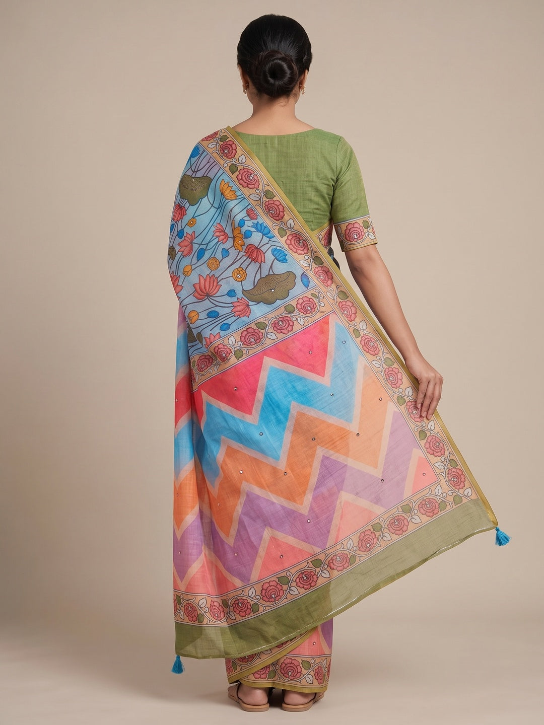 Peachmode Multicolor Aari Mirror Work Linen Cotton Saree - Image 5
