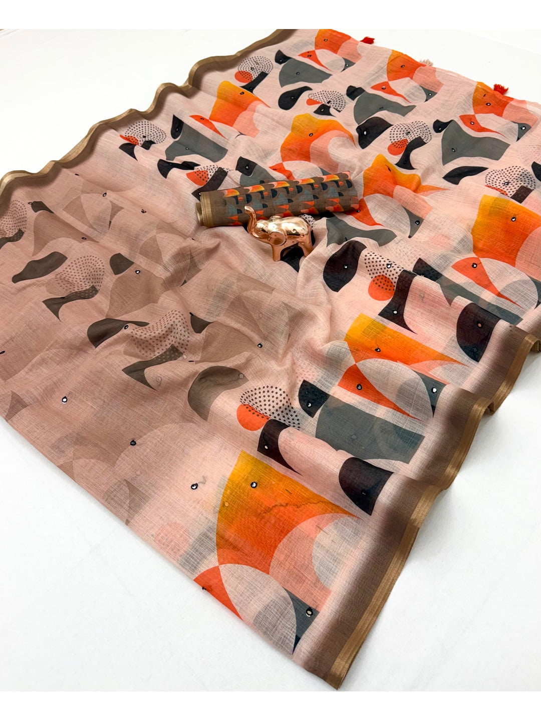 Peachmode Chiku Aari Mirror Work Linen Cotton Saree - Image 2