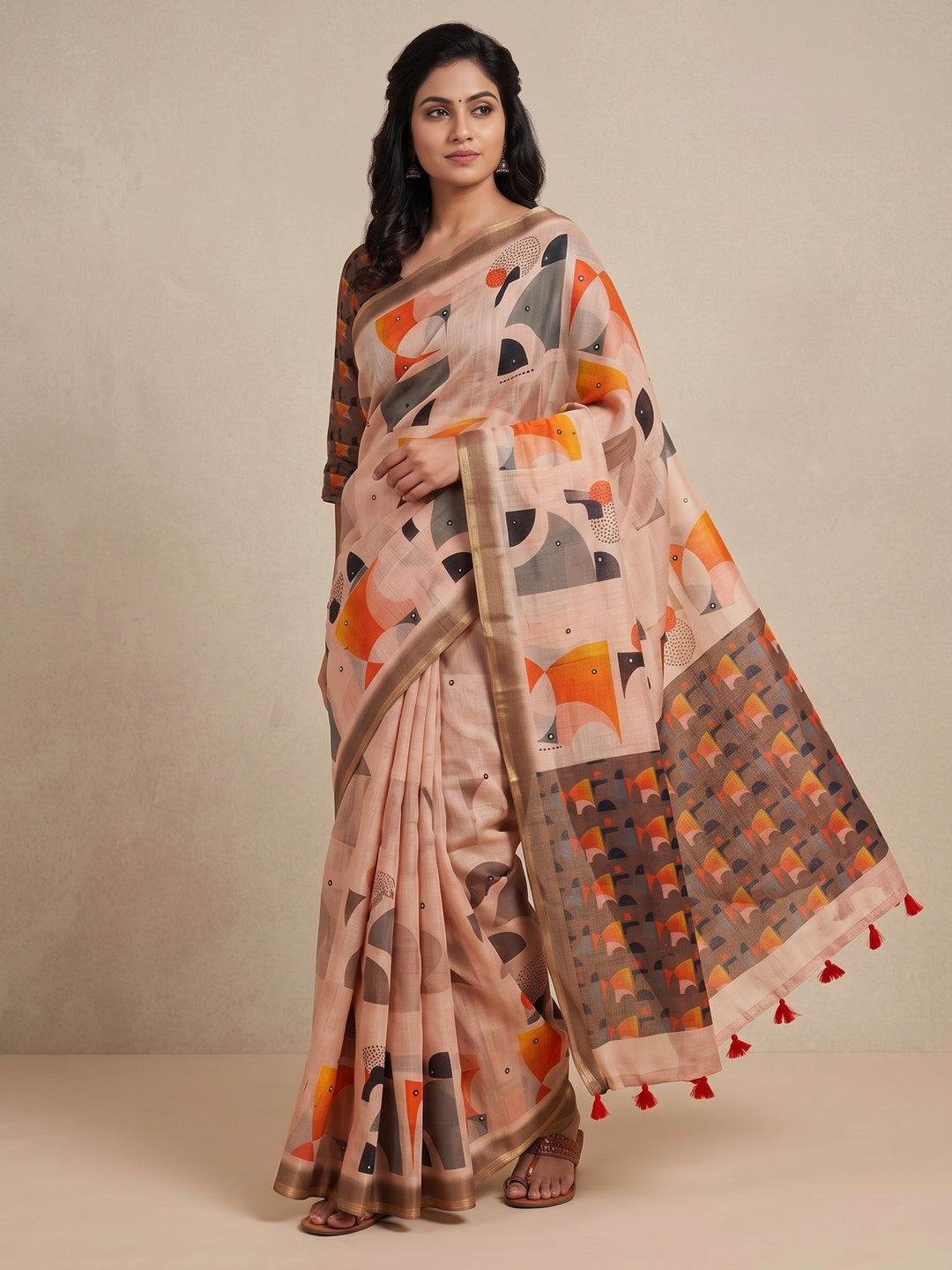Peachmode Chiku Aari Mirror Work Linen Cotton Saree - Image 4