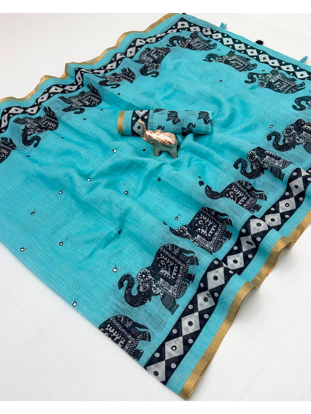 Peachmode Teal Blue Aari Mirror Work Linen Cotton Saree - Image 2