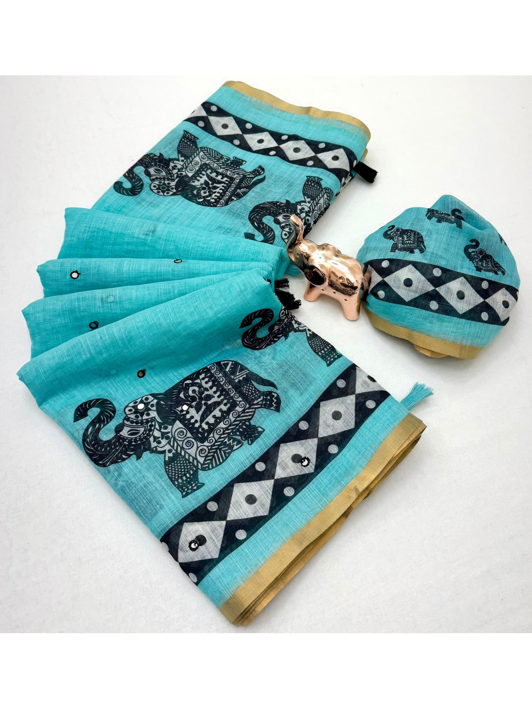 Peachmode Teal Blue Aari Mirror Work Linen Cotton Saree - Image 3
