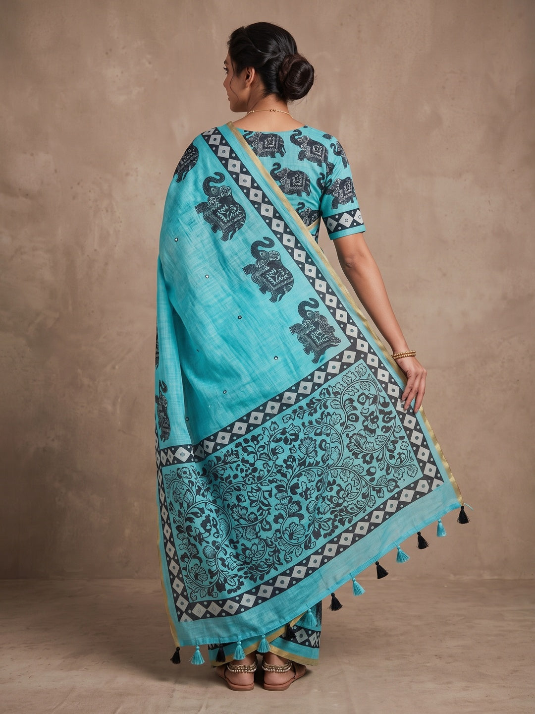 Peachmode Teal Blue Aari Mirror Work Linen Cotton Saree - Image 5