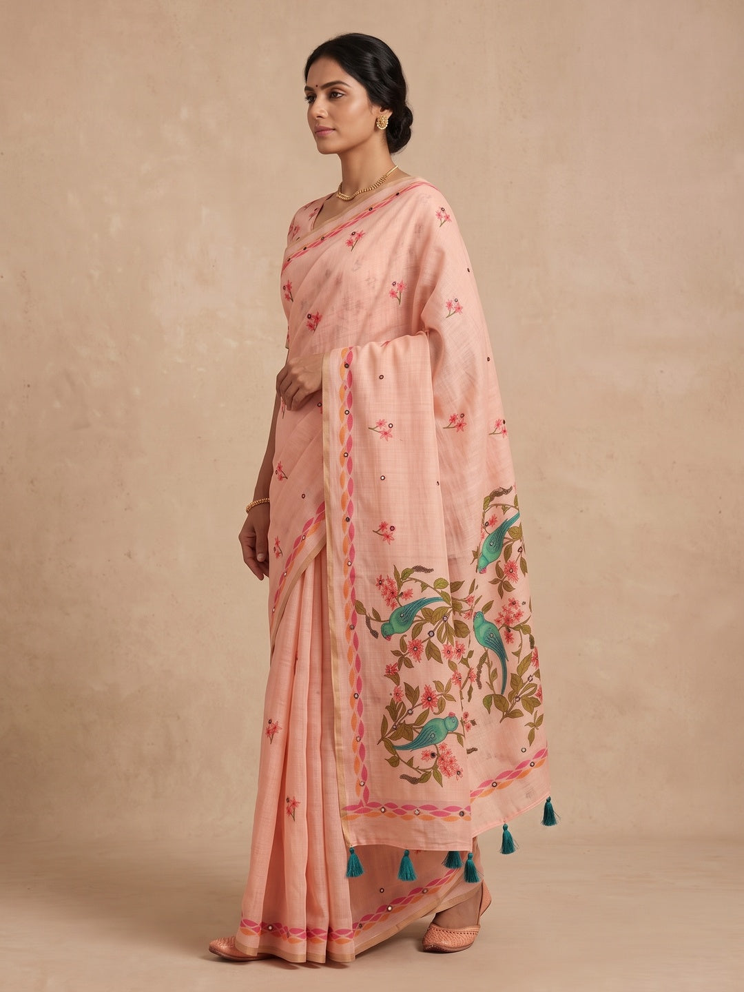Peachmode Peach Aari Mirror Work Linen Cotton Saree - Image 4