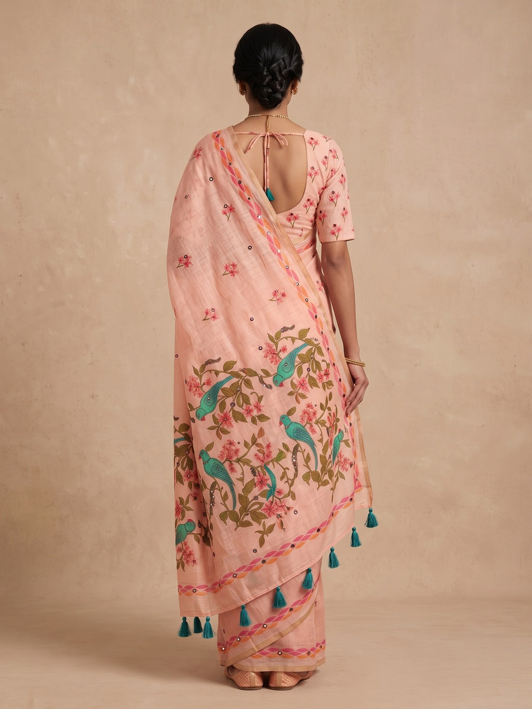 Peachmode Peach Aari Mirror Work Linen Cotton Saree - Image 5