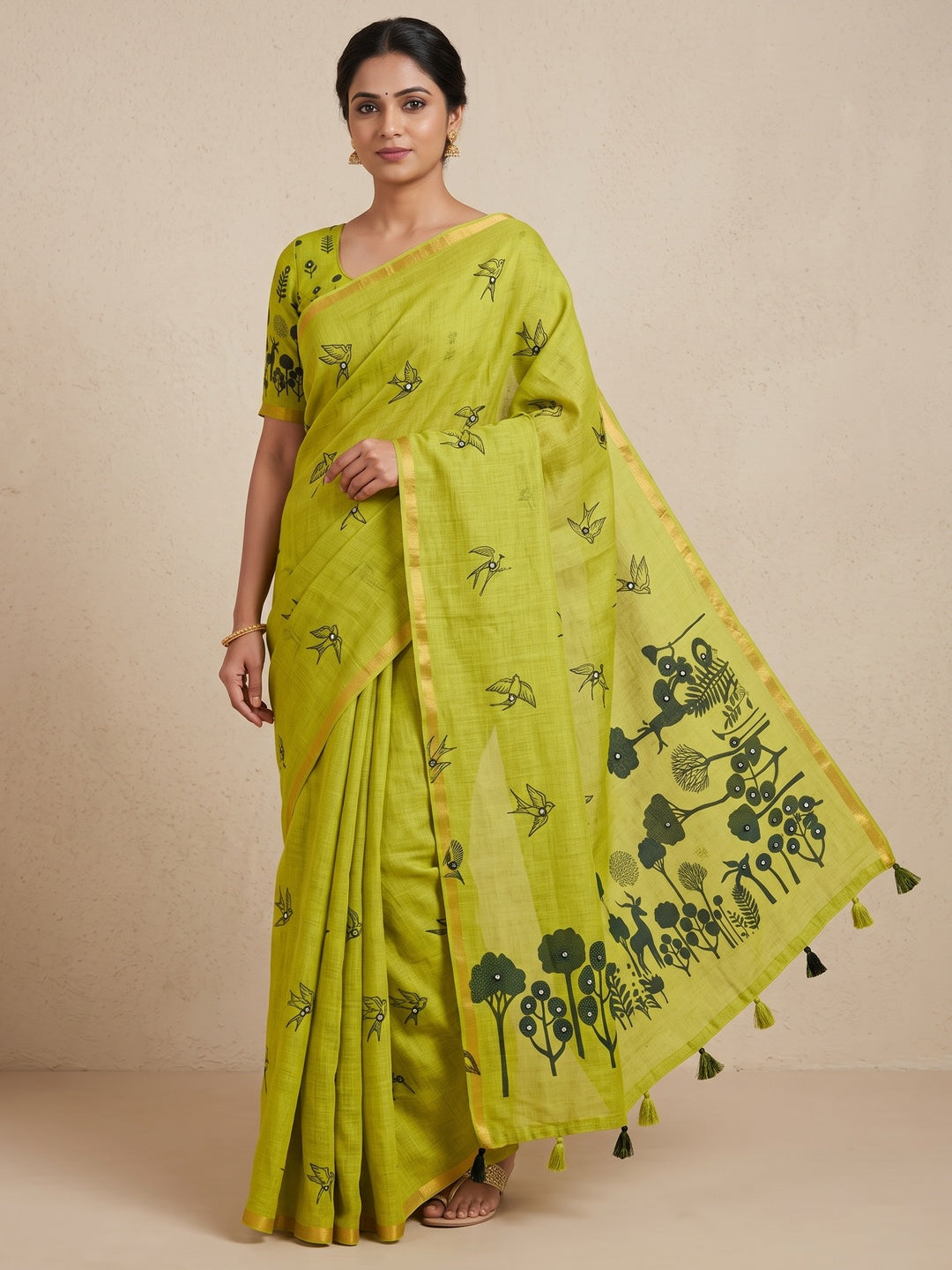 Peachmode Green Aari Mirror Work Linen Cotton Saree - Image 1