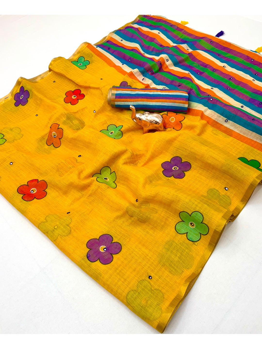 Peachmode Yellow Aari Mirror Work Linen Cotton Saree - Image 3
