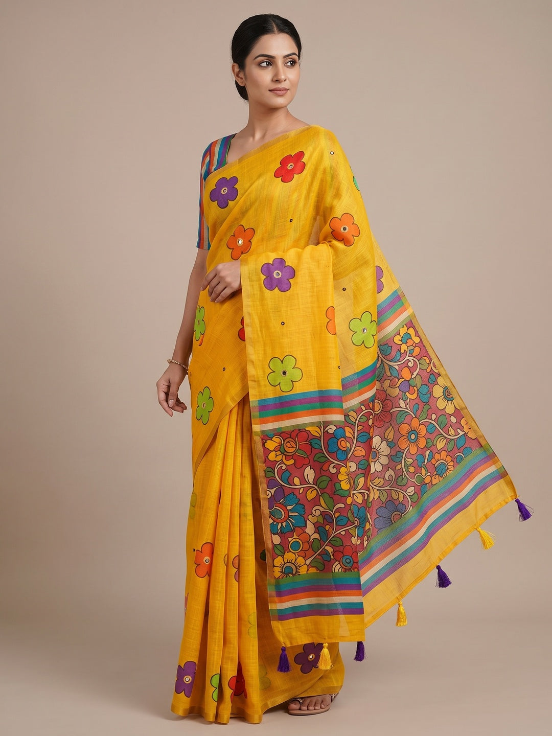 Peachmode Yellow Aari Mirror Work Linen Cotton Saree - Image 1