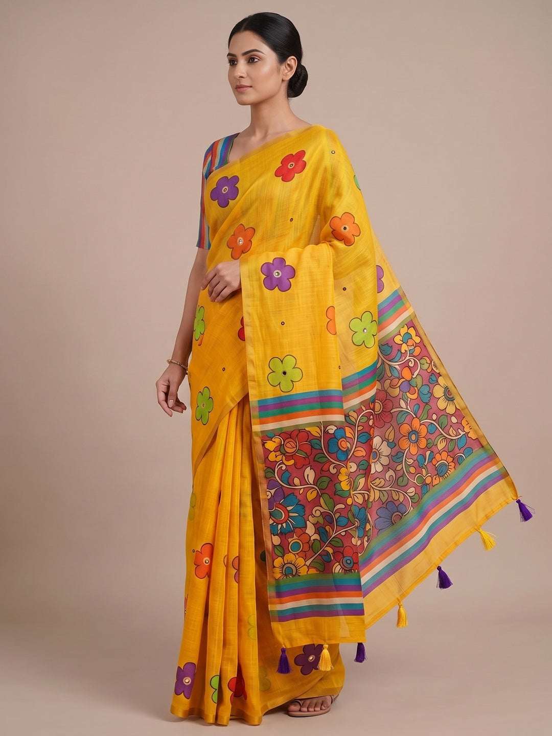 Peachmode Yellow Aari Mirror Work Linen Cotton Saree - Image 4