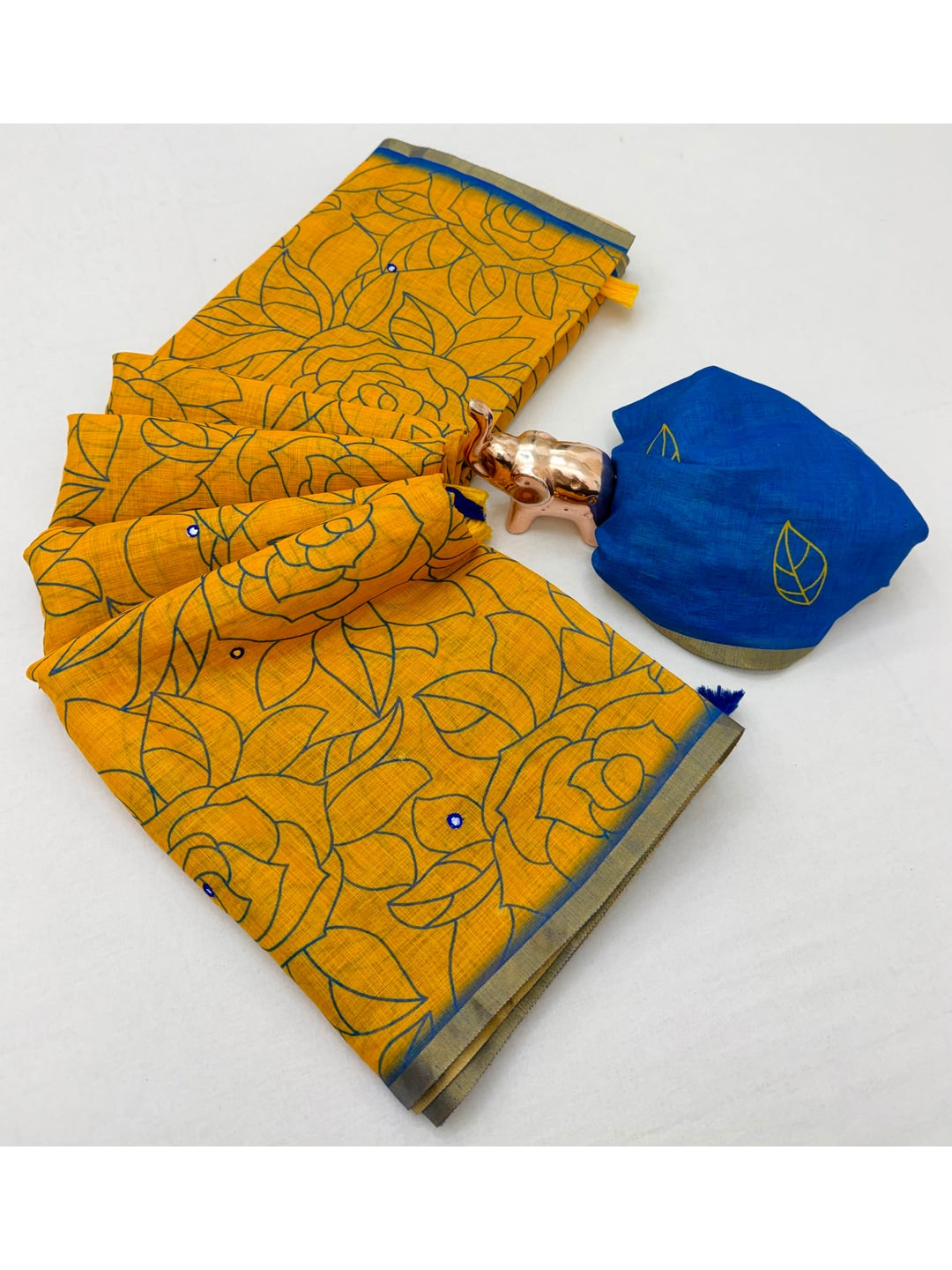 Peachmode Yellow Blue Aari Mirror Work Linen Cotton Saree - Image 2