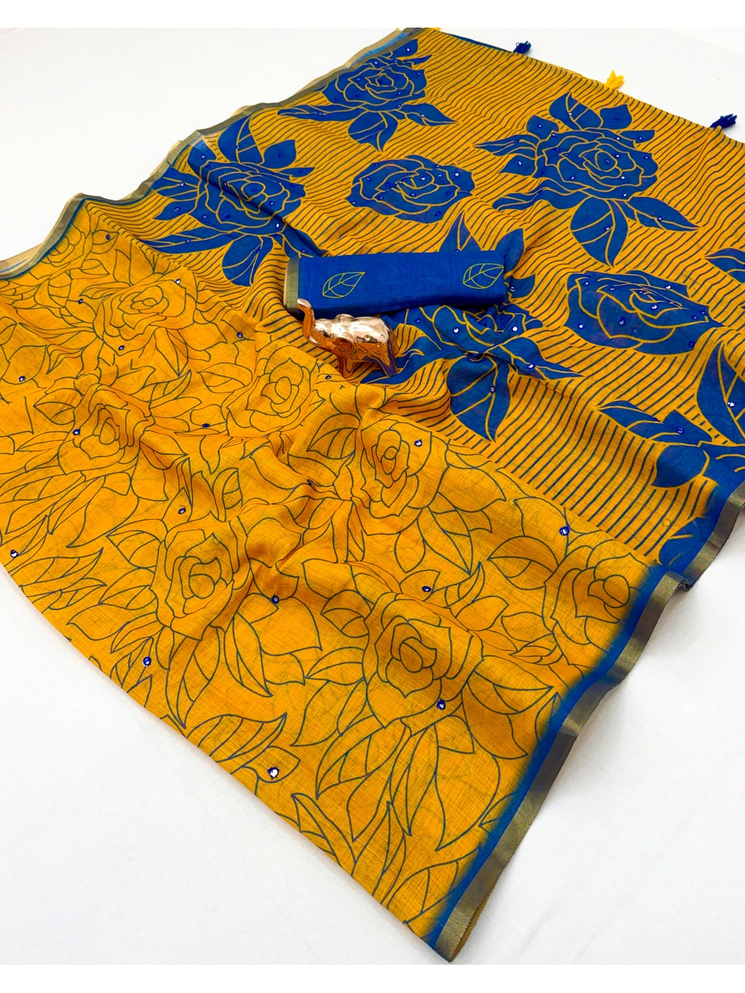 Peachmode Yellow Blue Aari Mirror Work Linen Cotton Saree - Image 3