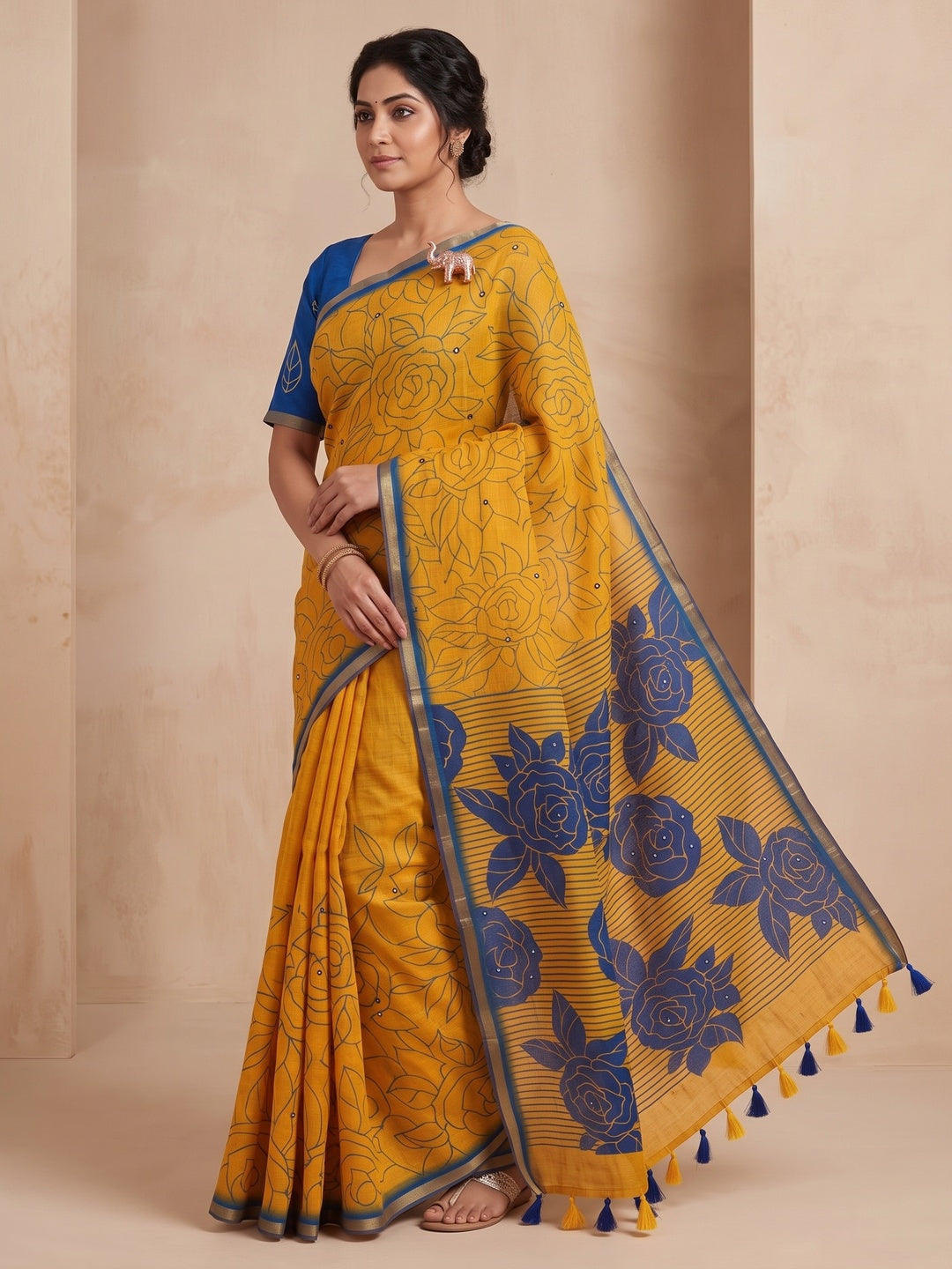 Peachmode Yellow Blue Aari Mirror Work Linen Cotton Saree - Image 4
