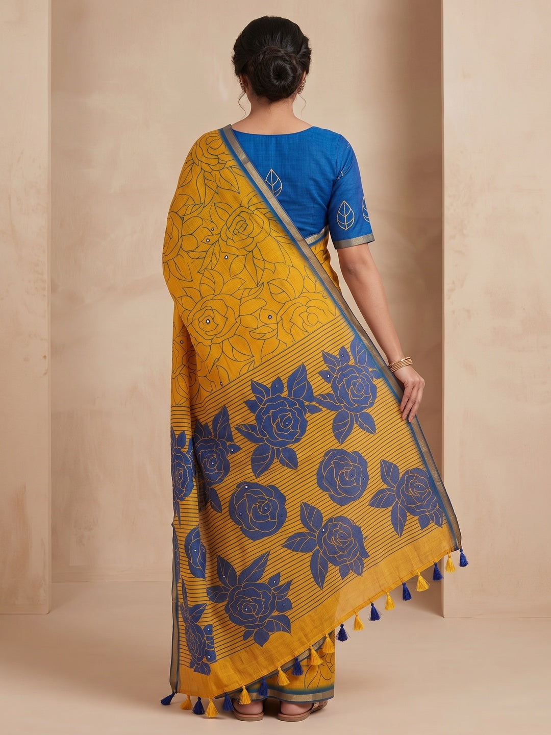 Peachmode Yellow Blue Aari Mirror Work Linen Cotton Saree - Image 5