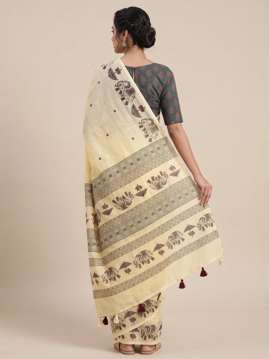 Peachmode Butter Cream Aari Mirror Work Linen Cotton Saree - Image 5