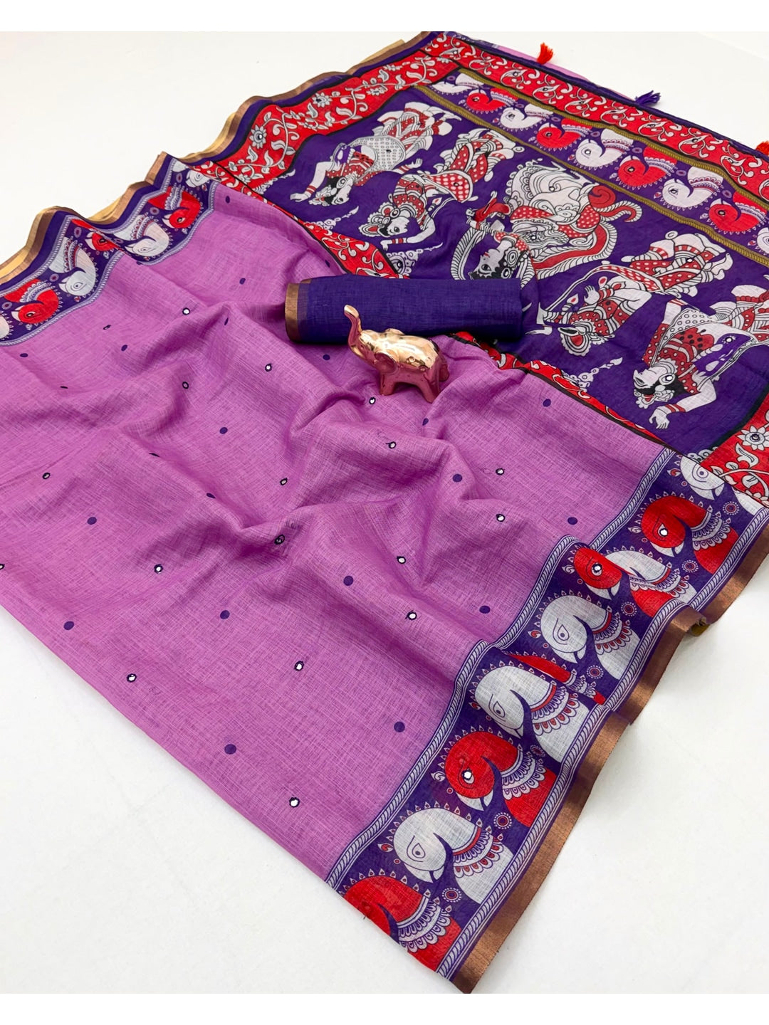 Peachmode Lavender Aari Mirror Work Linen Cotton Saree - Image 2