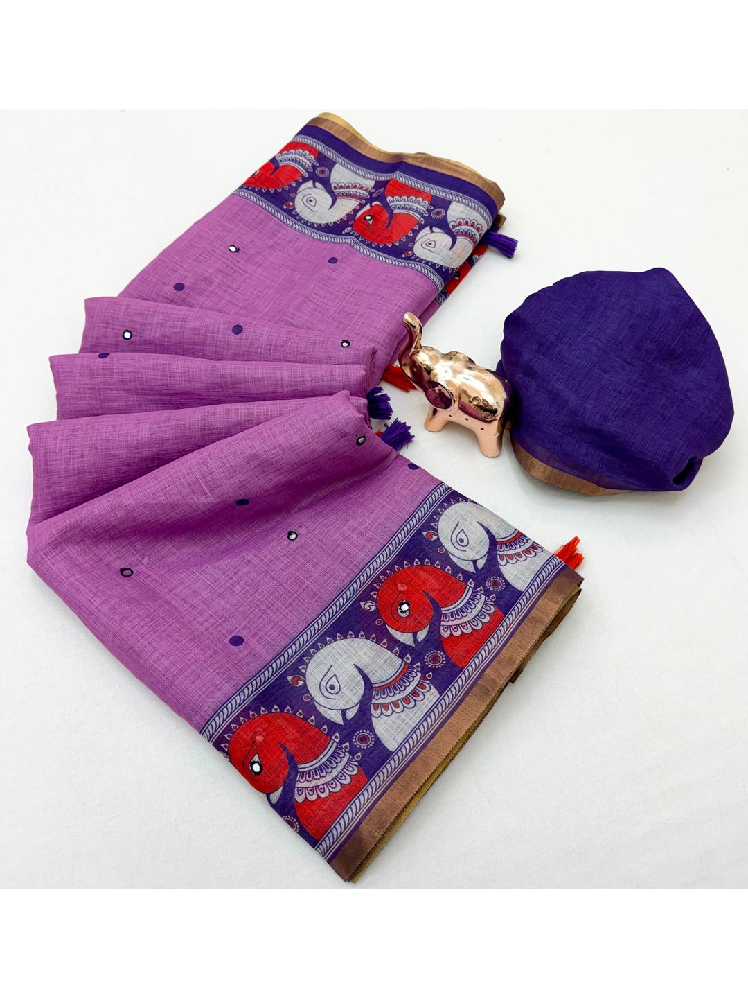 Peachmode Lavender Aari Mirror Work Linen Cotton Saree - Image 3