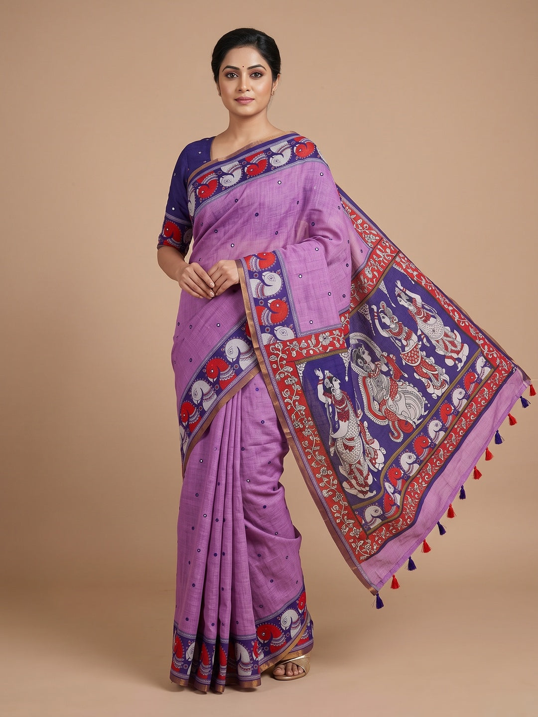 Peachmode Lavender Aari Mirror Work Linen Cotton Saree - Image 1