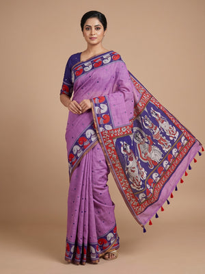 Peachmode Lavender Aari Mirror Work Linen Cotton Saree - Image 1
