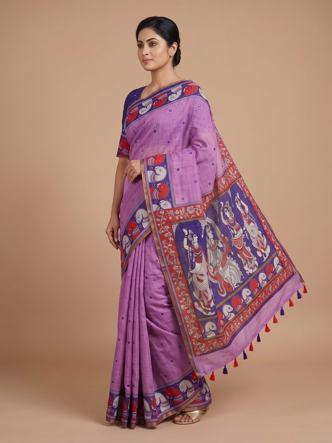 Peachmode Lavender Aari Mirror Work Linen Cotton Saree - Image 4