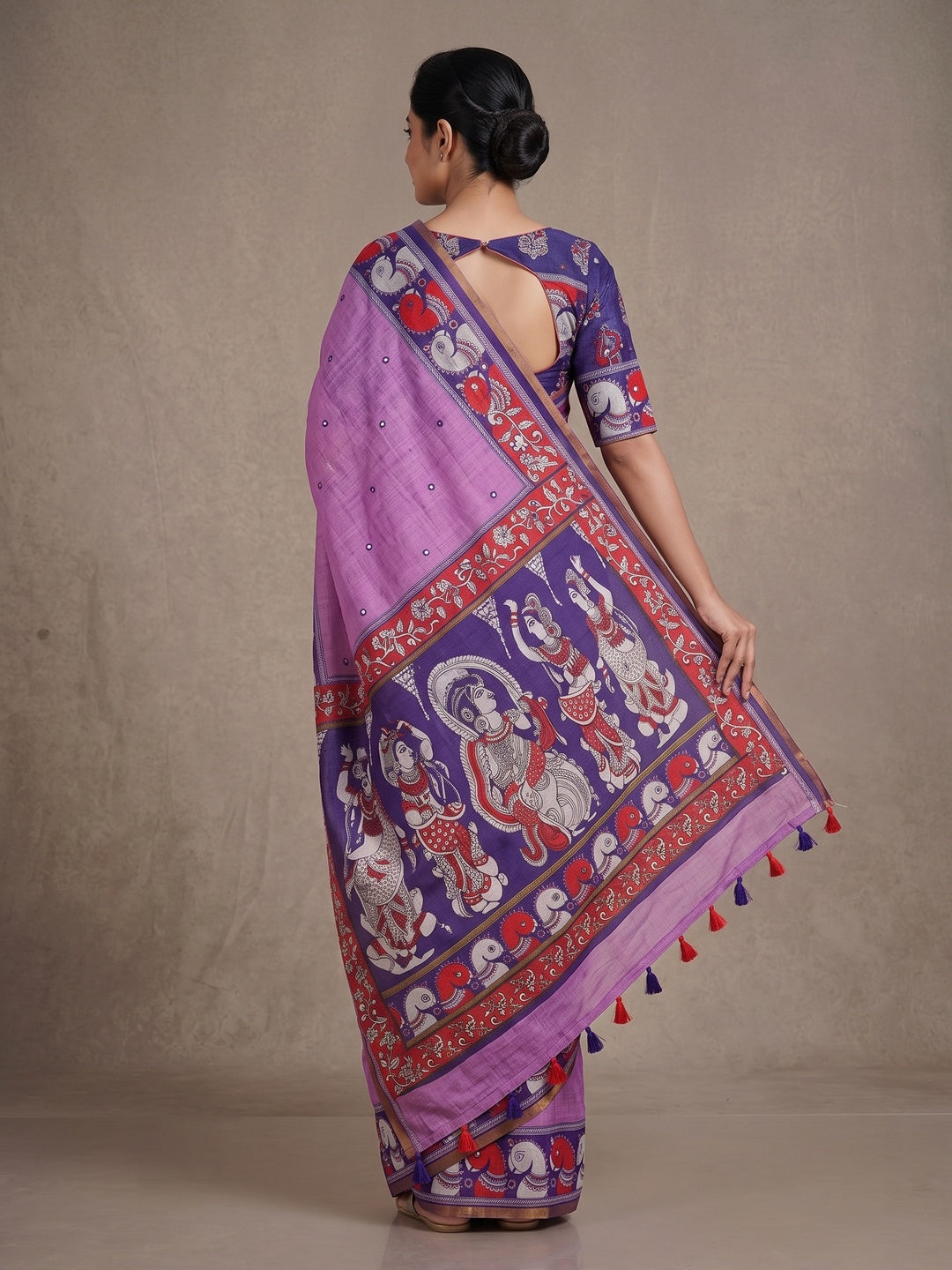 Peachmode Lavender Aari Mirror Work Linen Cotton Saree - Image 5