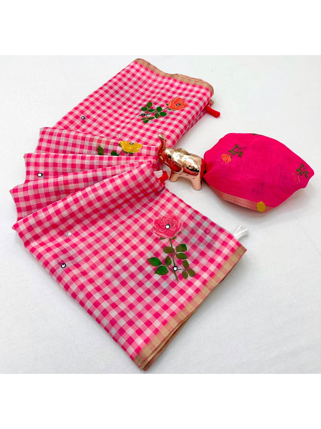 Peachmode Pink Aari Mirror Work Linen Cotton Saree - Image 2