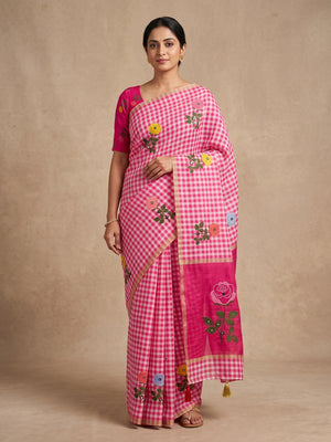 Peachmode Pink Aari Mirror Work Linen Cotton Saree - Image 1