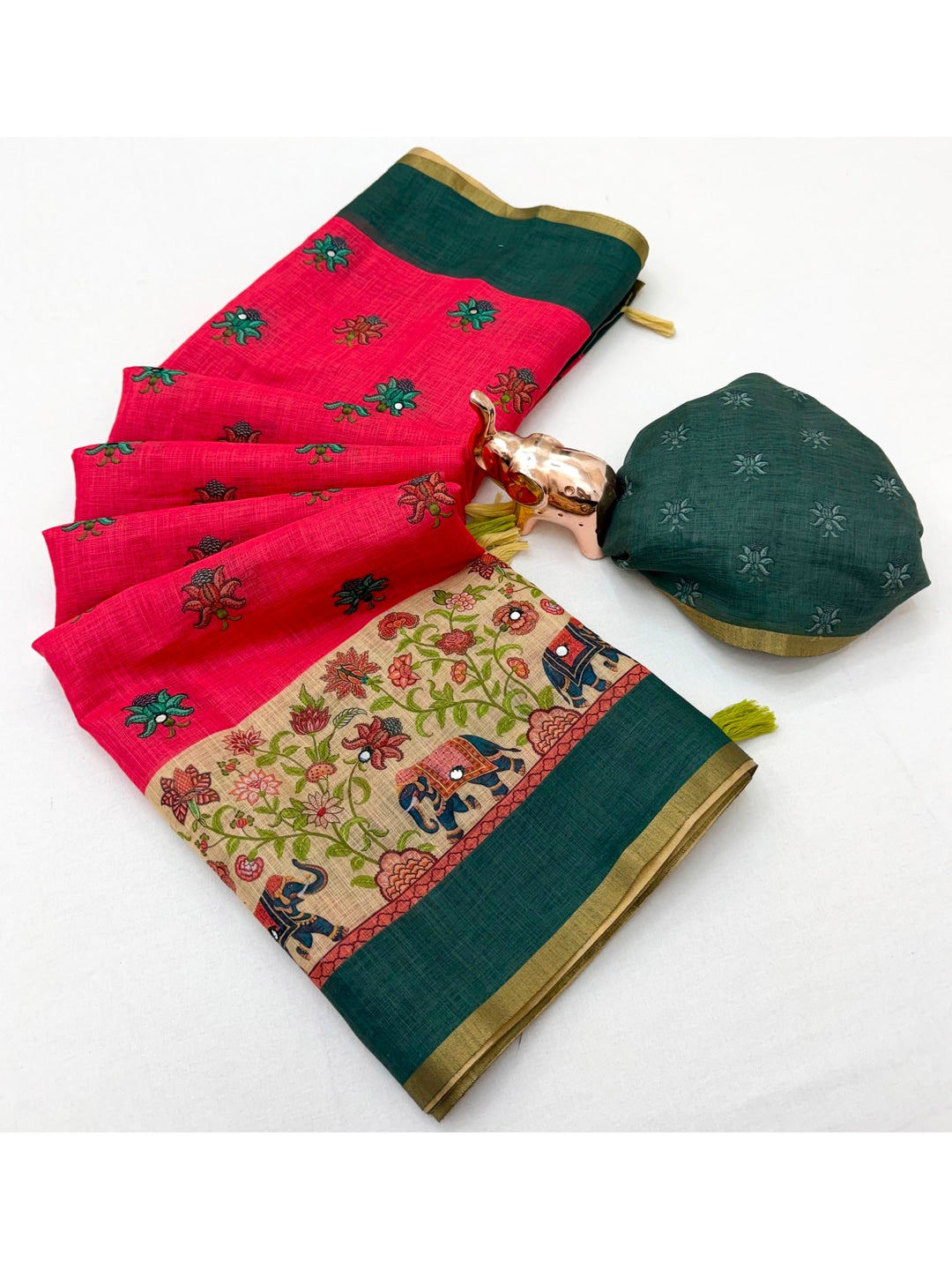 Peachmode Rani Pink Green Aari Mirror Work Linen Cotton Saree - Image 2